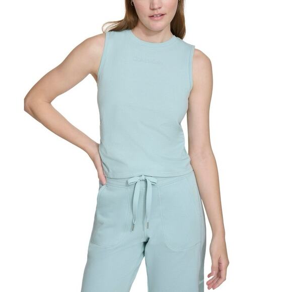 NEW Calvin Klein Ruched Logo Crewneck tank top size medium blue sea teal active - Picture 2 of 11